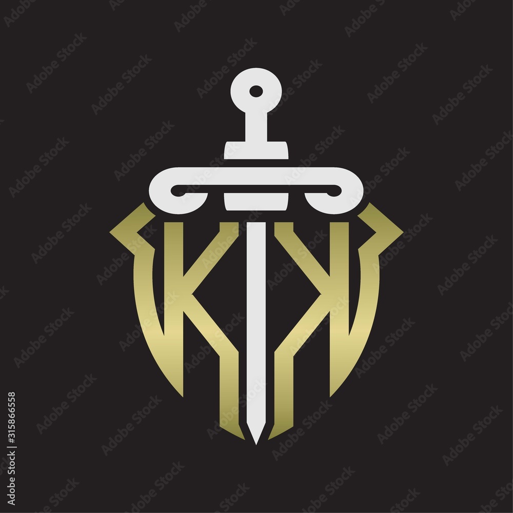 KK Logo monogram with sword and shield combination isolated with gold ...