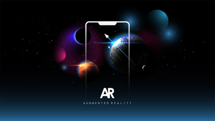 Abstract creative illustration with augmented reality phone, vector illustration for landing page. AR concept for web and app. Template with Space background. Planet of solar system.