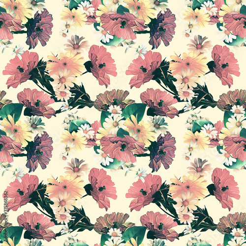 Poppies and chamomile seamless pattern.