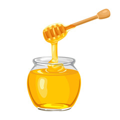 Honey dripping from wooden dipper. Glass jar full of pure honey isolated on white background. Vector illustration of delicious organic sweets in cartoon flat style.