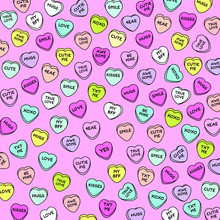 Colorful Heart Candy On Pink Background. Set Of Conversation Sweets For Valentine’s Day.
