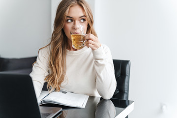 Poster - Photo of young caucasian woman drinking tea and typing on laptop