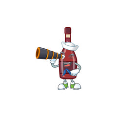 Wall Mural - Red bottle wine cartoon happy Sailor style with binocular