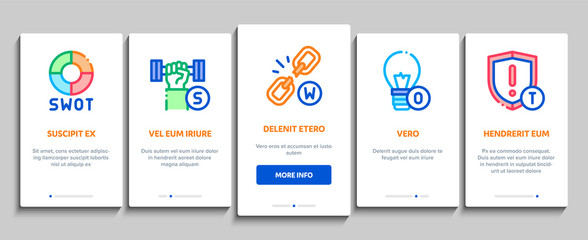 Poster - Swot Analysis Strategy Onboarding Mobile App Page Screen Vector. Swot Infographics And Broken Chain, Lightbulb, Shield And Brain With Gear Concept Linear Pictograms. Color Contour Illustrations