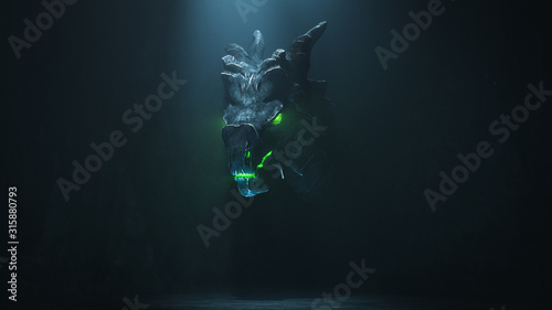 Huge medieval dragon with glowing green eyes and flames in a dark cave Poster Mural XXL