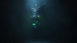 Digital illustration of huge medieval dragon with glowing green eyes and flames in a dark cave. Mythical creature. Concept art of the dragon head in the Gothic style. Game location of the final boss.