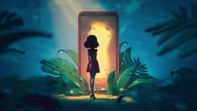 Young Girl Looks At The Magic Gate With A Glowing Yellow Light. Traveler Stands Near Smartphone With Portal Screen To Another World. 3d Illustration Of The Game Location Of Cartoon Girl In The Jungle.