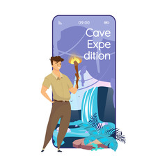 Poster - Cave expedition cartoon smartphone vector app screen. Trip to inside of mountain. Mobile phone displays with flat character design mockup. Cavern exploration application telephone cute interface