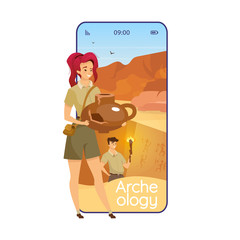 Poster - Archeology cartoon smartphone vector app screen. Paleonthology, anthropology. Mobile phone displays with flat character design mockup. Expedition application telephone cute interface