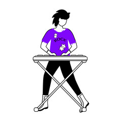 Poster - Keyboardist flat contour vector illustration. Keyboard player. Musician. Rock band member. Punk. Man with musical instrument. Isolated cartoon outline character on white background. Simple drawing