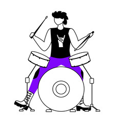 Poster - Drummer flat contour vector illustration. Drum player. Musician. Punk music band member. Rock and roll. Man with musical instrument. Gig. Isolated cartoon outline character on white. Simple drawing