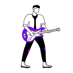 Poster - Guitarist flat contour vector illustration. Guitar player. Musician. Music band member. Rock and roll. Man with musical instrument. Gig. Isolated cartoon outline character on white. Simple drawing