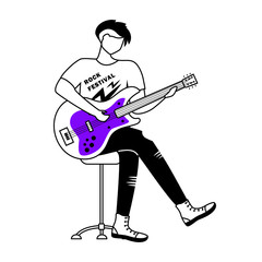 Poster - Guitarist flat contour vector illustration. Rock festival. Guitar player. Musician. Music band member. Rock and roll. Concert, gig. Isolated cartoon outline character on white. Simple drawing