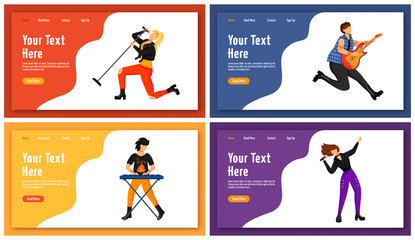Poster - Rock musicians and singers landing page vector template. Music band website interface idea with flat illustrations. People playing instruments homepage layout. Web banner, webpage cartoon concept