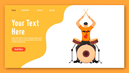 Poster - Drummer landing page vector template. Drum player website interface idea with flat illustrations. Musician homepage layout. Rock and roll. Rock music band member web banner, webpage cartoon concept