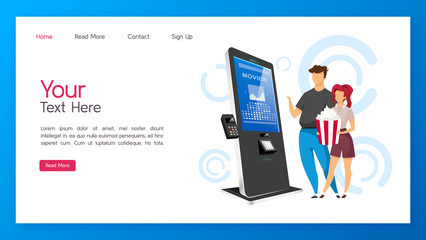 Poster - Tickets kiosk landing page vector template. Cinema self service machine website interface idea with flat illustrations. Entertainment paying equipment homepage layout. Modern technology web banner