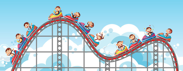 Wall Mural - Happy monkeys riding on roller coaster with sky background