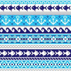 Wall Mural - Scottish Fair Isle style traditional knitwear vector seamless pattern, marine style design with anchors, fish, and sea or ocean waves