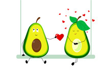 Halves Of Cartoon Cute Avocados On Swing On White Background. Boy Gives Heart To Girl. St. Valentine's Day. Healthy Lifestyle, Vegetarianism.