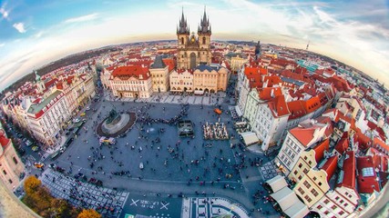 Wall Mural - Timelapse of people walking in Old Town, Prague, Czech Republic. Fish-eye view.