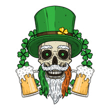 Irish Skull. The Skull Of Saint Patrick's With Green Hat, Glass Beer And Clover Leaves.
