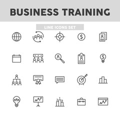 Poster - Business training simple set line icons. Concept of startups, set up a business, teamwork. Vector illustration symbol elements for web design.