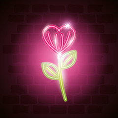 Wall Mural - flower with leaves in neon light, valentine day