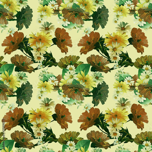 Poppies and chamomile seamless pattern.