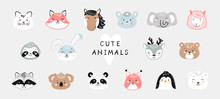 Vector Cute Animal Set. Doodle Cartoon Kawaii Wild Animals And Pets Heads. Scandinavian Nursery Print Or Poster Design For Kids, Baby Shower Greeting Card