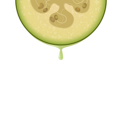 Wall Mural - Isolated half of circle of green colorful feijoa with drop of juice on white background. Realistic colored slice of feijoa.