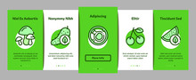 Organic Eco Foods Onboarding Mobile App Page Screen Vector. Organic Tomato And Mushrooms, Peach And Grape, Apple And Cherry Concept Linear Pictograms. Color Contour Illustrations