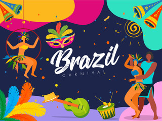 Poster - Brazil Carnival Celebration Background with Samba Dancers Enjoying and Music Instruments.