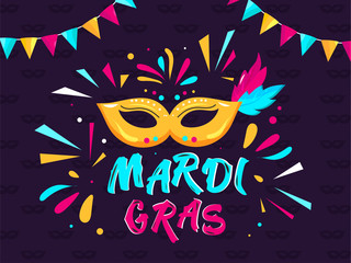 Canvas Print - Creative Mardi Gras Text with Party Mask, Confetti and Bunting Flag Decorated on Purple Background.