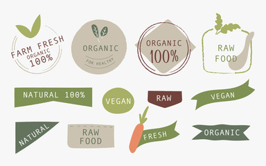 Wall Mural - Hand drawn Organic label and natural label green color design. Tag and Sticker Farm fresh logo vegan food mark guaranteed.