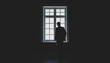 A man's silhouette in front of the window. Black and white. Concept of loneliness. 3d illustration