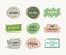 Natural And Organic Label Green Color And Vegan Fresh Food Banner. Agriculture Mark Logo Badges Design.