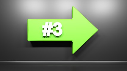 Poster - Number Three green arrow at black background - 3D rendering illustration