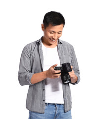 Wall Mural - Portrait of Asian photographer on white background