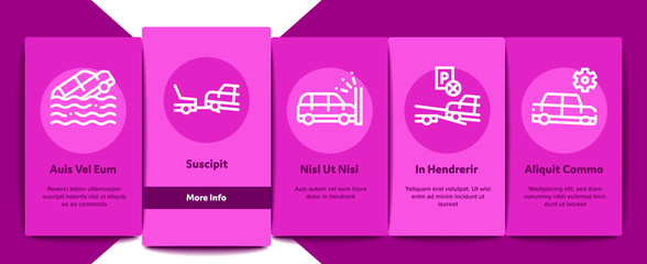 Sticker - Tow Truck Transport Onboarding Mobile App Page Screen Vector. Tow Truck Evacuating And Transportation Broken Car, Winch And Hook Concept Linear Pictograms. Color Contour Illustrations