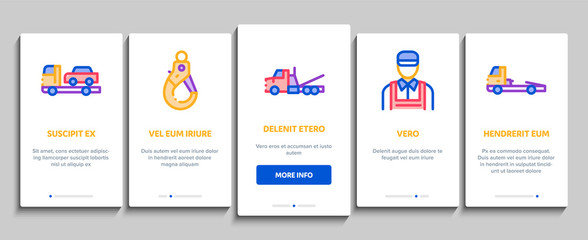 Poster - Tow Truck Transport Onboarding Mobile App Page Screen Vector. Tow Truck Evacuating And Transportation Broken Car, Winch And Hook Concept Linear Pictograms. Color Contour Illustrations