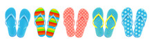 Set Of Colored Summer Flip-flops Polka Dots, Stripes, Beach Shoes, Vector.