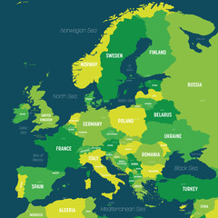 Wall Mural - Europe map - green hue colored on dark background. High detailed political map of european continent with country, capital, ocean and sea names labeling