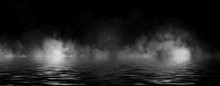 Panoramic View Mystic Smoke On The Floor. Paranormal Fog Isolated On Black Background.