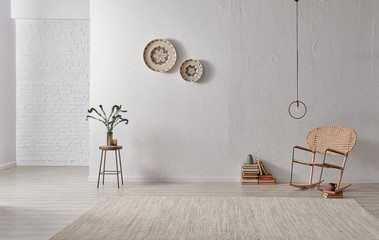 Grey stone wall, white brick background, interior style, chair lamp and object.