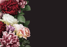 Floral Banner, Header With Copy Space. White And Red Roses, Dark Pink Peony, Chrysanthemum Isolated On Dark Background. Natural Flowers Wallpaper Or Greeting Card.