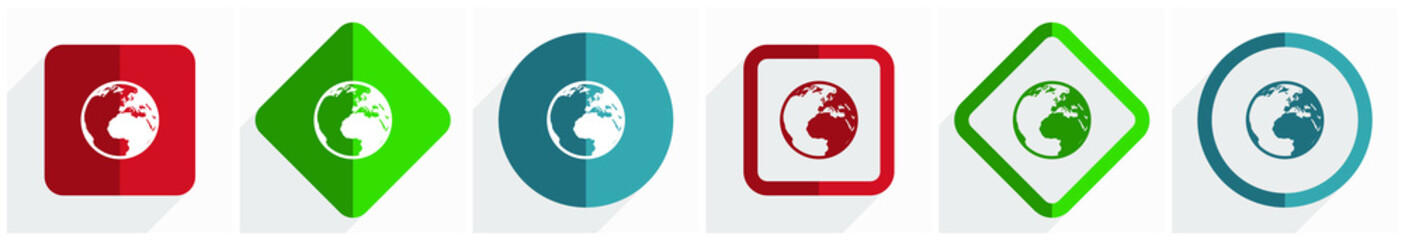 Leinwandbilder - Earth icon set, flat design vector illustration in 6 options for webdesign and mobile applications in eps 10