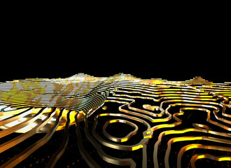Fototapete - Abstract topographic map 3D background with shiny golden lines in sci-fi technology style. 3D illustration