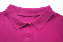 Purple Shirt With Buttoned Up Collar Neck. Casual Soft Purple Or Dark Pink Color T-shirt Isolated On Empty White Background, Stylish Casual Unisex Apparel Clothing, Simple Shirt Design 