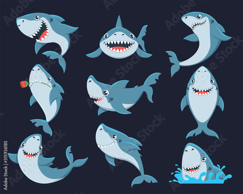 Photographie Cute funny shark flat vector illustrations set