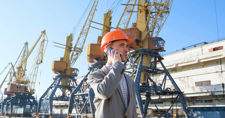 Wall Mural - Young male worker of sea harbor in helmet, cargo manager in suit and halmet works outdoor , cranes and sea background	